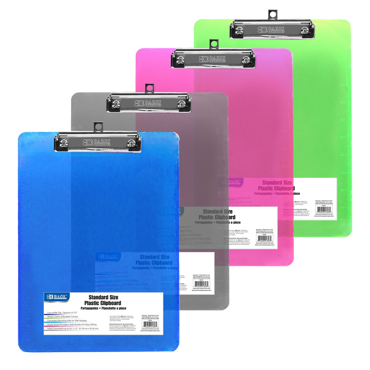 BAZIC Standard Size Plastic Clipboard with Low-Profile Clip, 4-Pack